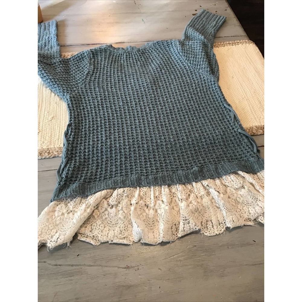 Knox Rose Blue Open Knit Lace Trim Long Sleeve Pullover Sweater Sz XL - Picture 7 of 7